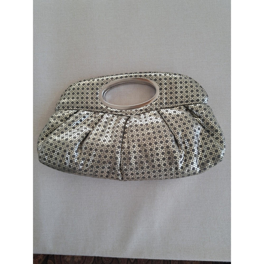 Inge Christopher Metallic Gold Cane Weave Pleated Clutch Bag Cutout Handle